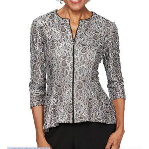 Alex Evening Womens XL Metallic Paplum Zip Up Jacket In Black Silver